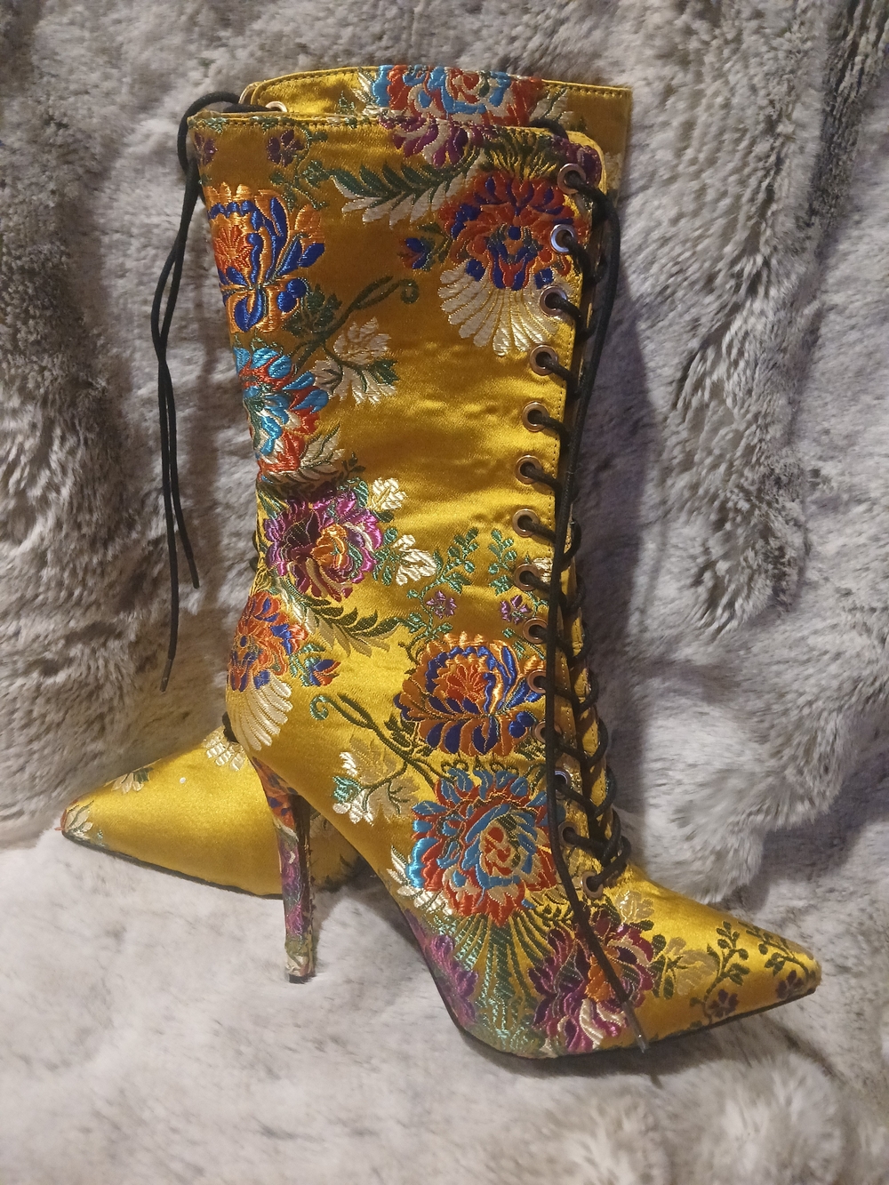 Anne Michelle Gold Floral Embroidered Lace-Up Stiletto Boots